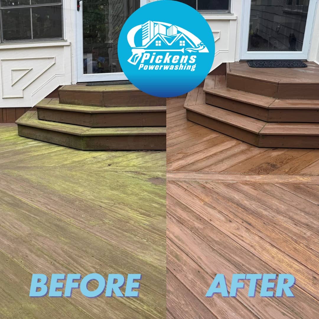 before and after photo of pollen covered wood deck and steps in Hasentree Wake Forest NC.jpg