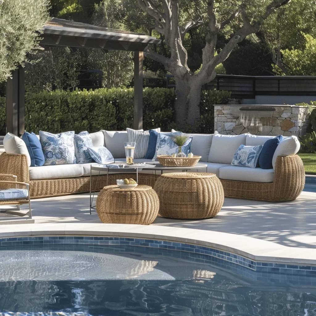 picture of wicker pool furniture next to a clean pool deck in wake forest nc