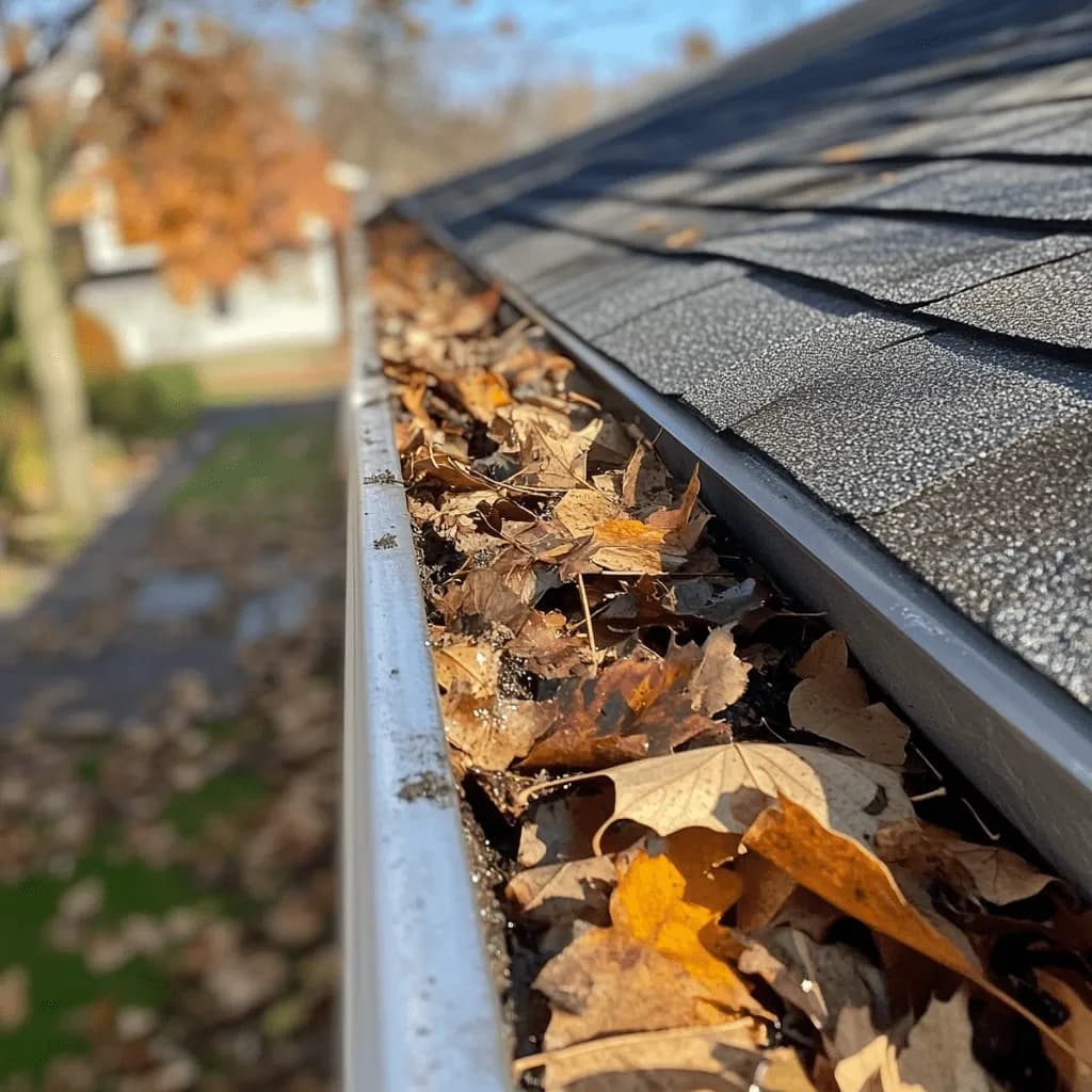a gutter filled with leaves in Wake Forest and Raleigh North Carolina area