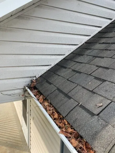 dirty, leaf-filled gutter in Wake Forest NC