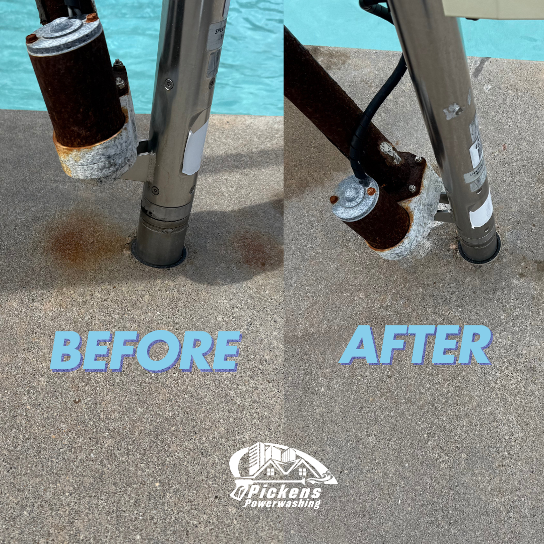 close detail of before and after of rust cleaned up at A.E. Finley YMCA pool