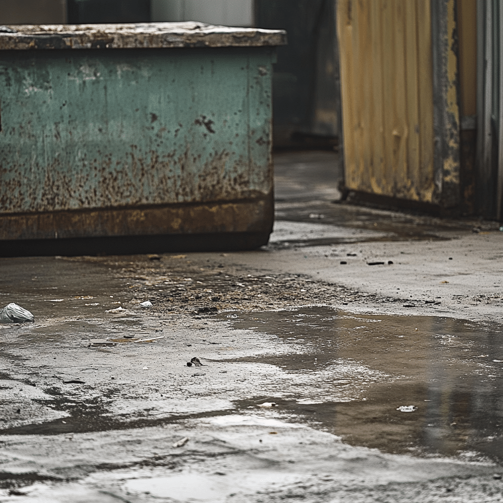 A picture of grimy, dirty and slick dumpster area in front of a dumpster